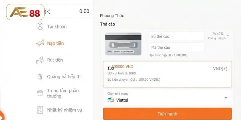 Nạp tiền qua thẻ cào đơn giản